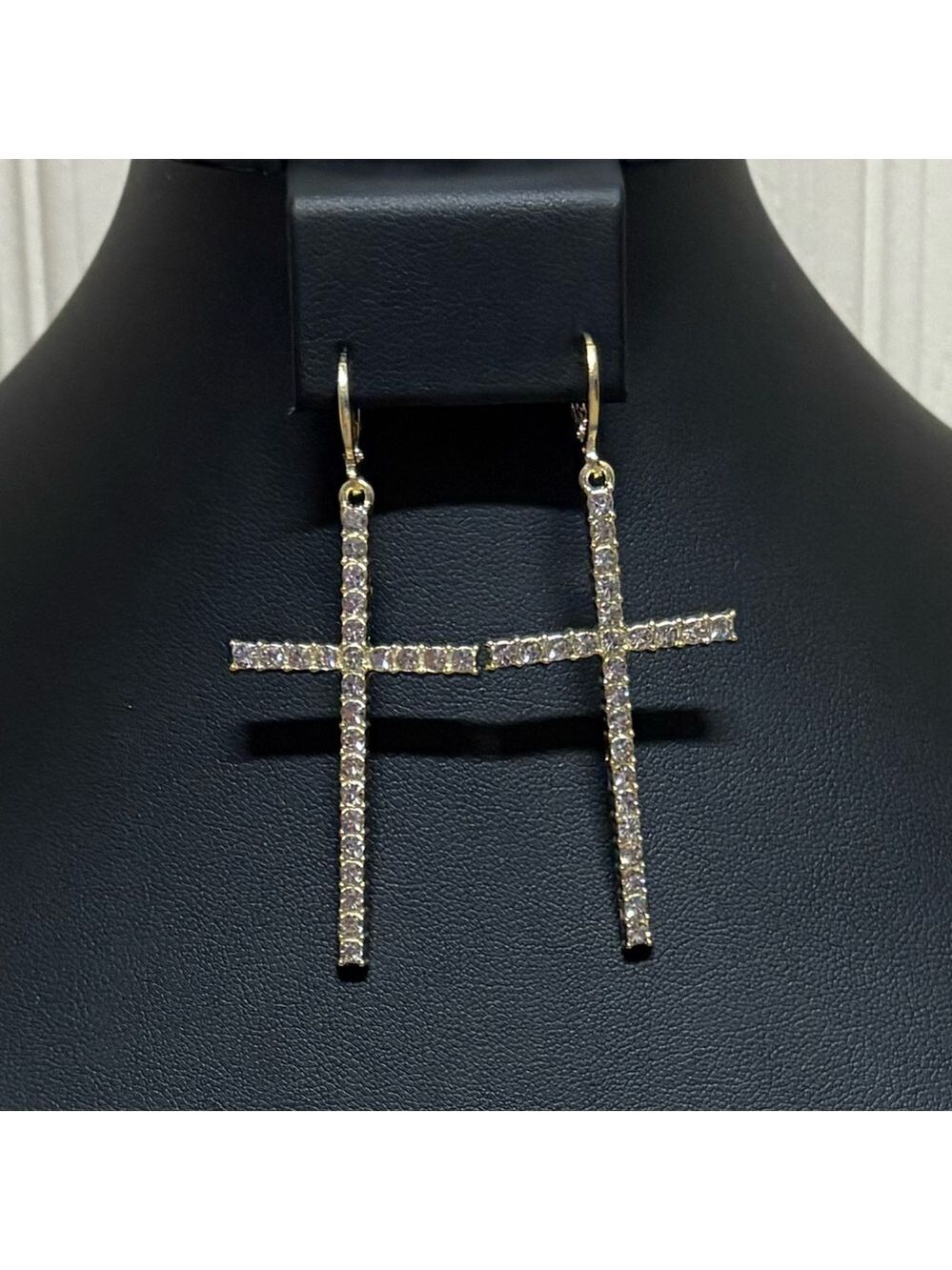 New cross earrings yellow gold cubic zirconia cz 2 inch religious jewelry NWOT - Picture 4 of 11